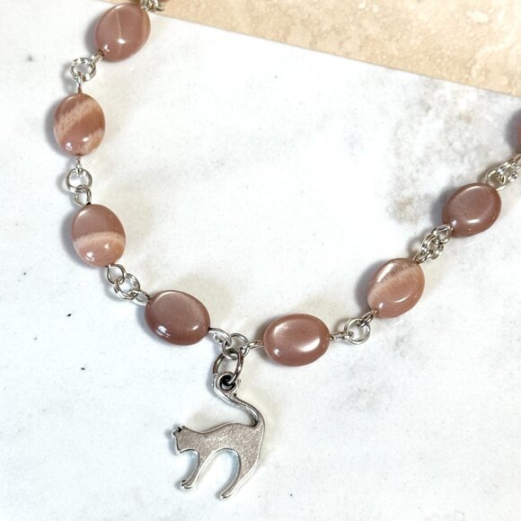 Peach Moonstone Adjustable Choker, Cute Slim Cat Pendant + Genuine Gemstone - Picture 4 of 15